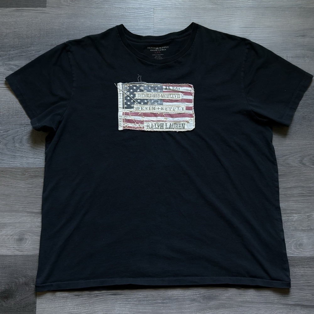 Vintage Y2K Ralph Lauren Denim Supply USA Flag T-shirt Mens 2XL Black Patch